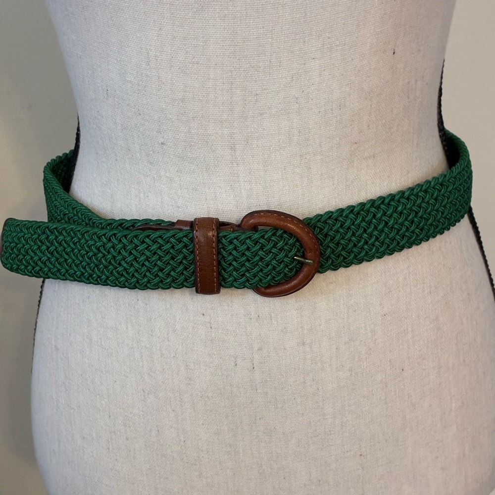Green Woven Stretch Belt with Brown Leather Buckle-Unmarked Brooks Brothers